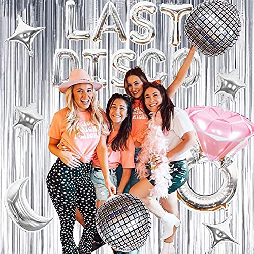 ZCOINS Last Disco Bachelorette Party Balloons Kit Sliver Pink Party Decorations, 2 Sliver Foil Fringe Curtains, Disco Ball Diamond Ring Balloons for Cowgirl Nashville Bridal Shower Hen Party Supplies