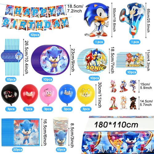 Pusuanzi Sonic Birthday Party Set, 95-Piece Sonic 2 Paper Plates Children's Birthday Party Tableware - Banners, Balloons, Tablecloth, Paper Plates, Napkins, Paper Cups, Straws, Invitation Card