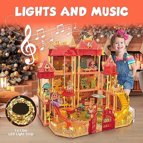 KIDBOT 62CM Tall DIY Miniature Doll House Barbie Dream Play Furniture Playhouses Toys Dollhouse Princess Castle Light Music DIY,with 14 Rooms 4 Stories,String Light & Music