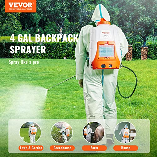 VEVOR Battery Powered Backpack Sprayer, 0-90 PSI Adjustable Pressure, 4 Gallon Tank, Back Pack Sprayer with 8 Nozzles and 2 Wands, 12V 8Ah Battery, Wide Mouth Lid for Weeding, Spraying, Cleaning