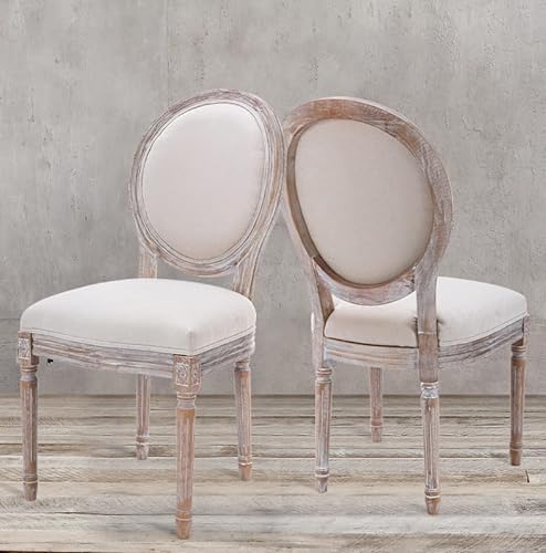 COLAMY French Country Dining Chairs Set of 2, Upholstered Farmhouse Dining Room Chairs with Round Back, Solid Wood Legs, Accent Side Chairs for Kitchen/Living Room/Bedroom- Beige