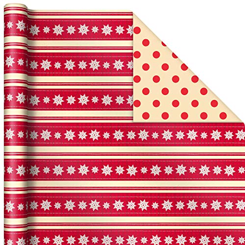 Hallmark Reversible Christmas Wrapping Paper (3 Rolls: 120 sq. ft. TTL) Merry Holidays, Snowflakes, Snowmen, Red Stripes