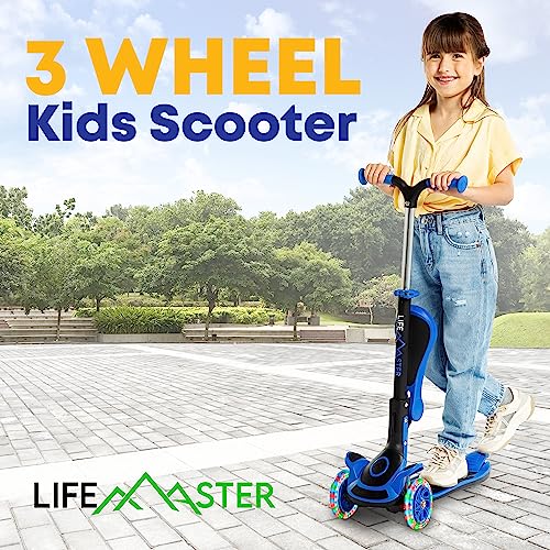 Kids Scooter – Foldable Seat – LED Wheel Lights Illuminate When Rolling – Children and Toddler 3 Wheel Kick Scooter – Adjustable Handlebar – Indoor and Outdoor- Blue - by Lifemaster