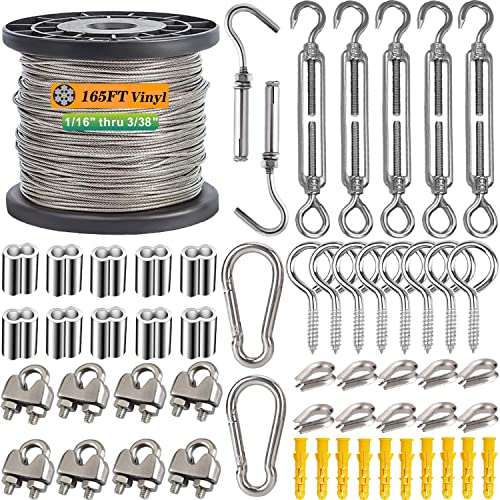 1/16 Wire Rope Kit 304 Stainless Steel Wire Cable, 7x7 Strand Core 165ft Vinyl Coated Aircraft Cable with Turnbuckle Wire Tensioner,Crimping Loop Sleeve for String Light Hanging,Garden Wire