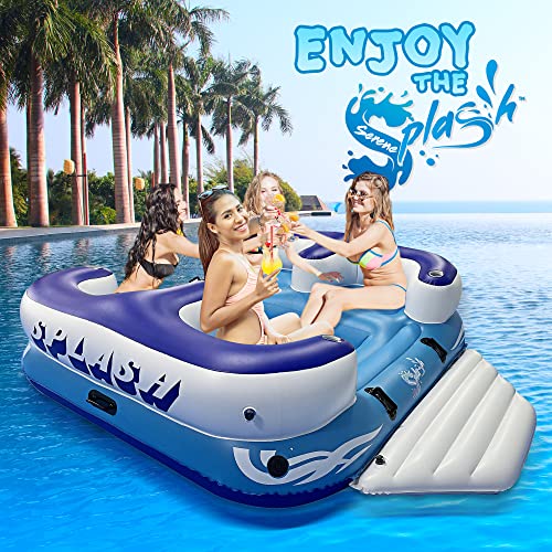 SereneLife Inflatable 4- Person Floating Island Raft, Party Island Raft w/ 4 Drink Holders, Use for Lounging on Lake, Beach River or Pool