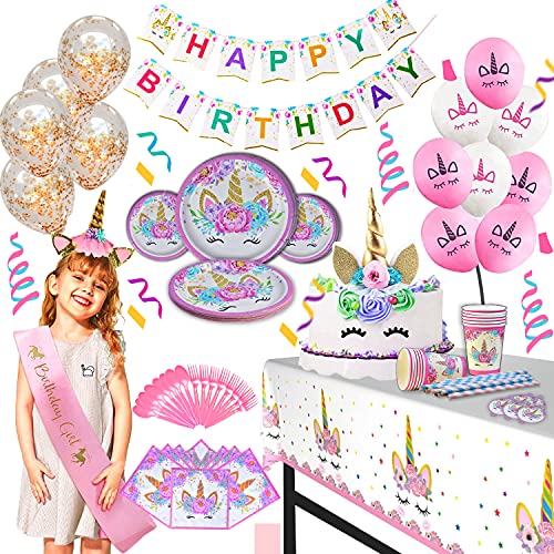 Value Smash Unicorn Party Supplies 24 guests for girls with Birthday Banner, Unicorn Cake Topper, Headband & Sash, Dinning & Dessert plates, Tablecloth, Cups, Forks & Spoons Set, 15 balloons