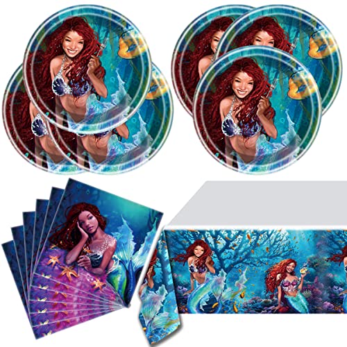 2023 Little Mermaid Party Tableware, Mermaid 20 Plates 20 Napkins and Tablecloths 42*71inch,Black Mermaid Ariel Party Decoration Supplies