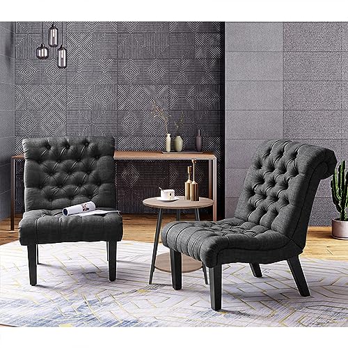 Alunaune Bedroom Chairs Armless Accent Lounge Chair Set of 2 Upholstered Tufted Sofa Backrest Fabric Recliner Living Room Chairs Wood Legs-Grey