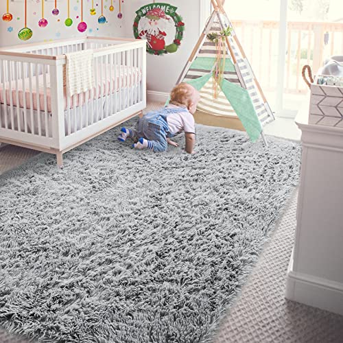 (1.2m x 1.8m, Grey) - Andecor Soft Fluffy Bedroom Rugs - 1.2m x 1.8m Indoor Shaggy Plush Area Rug for Boys Girls Kids College Dorm Living Room Home Decor Floor Carpet, Grey