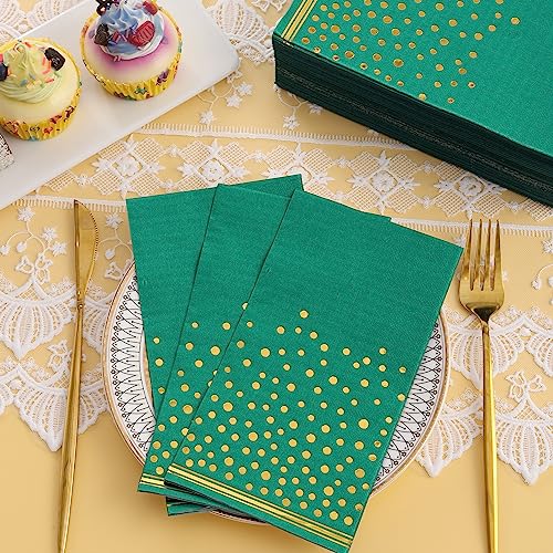 100 Pcs Green Paper Napkins Gold Dot Party Napkins Disposable Green Dinner Napkins for Birthday Bathroom Wedding Anniversary Holiday Party Supplies