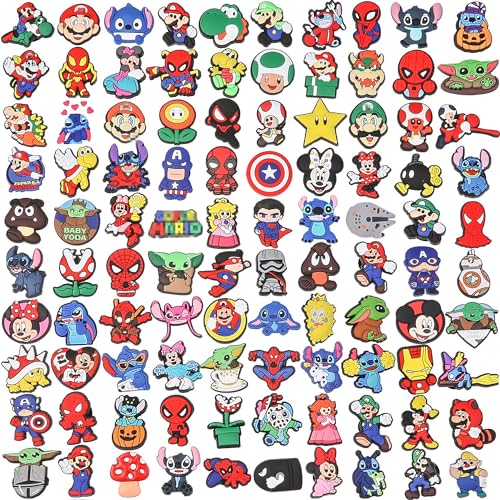 100 Pack Anime Crock Shoe Charms Bulk Pins for Croc Boys Girls, Mario Charms Accessories Different No-Repeat Shoes Decorations Accessories Kids Birthday Party Gifts, Polyvinyl Chloride, No Gemstone