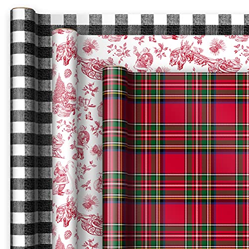 Hallmark Holiday Plaid Wrapping Paper with Cutlines and Optional DIY Bow Templates on Reverse (3 Rolls: 120 Sq. Ft. Ttl) Red Toile, Black and White Buffalo Check, Christmas Plaid