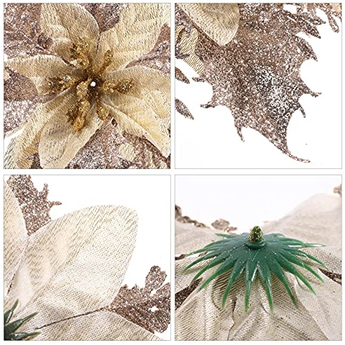 TOYANDONA 12Pcs Christmas Glitter Poinsettia Flowers, Christmas Tree Flower Decorations Artificial Flowers with Stems and Clips for Wedding Party Wreath (Champagne)