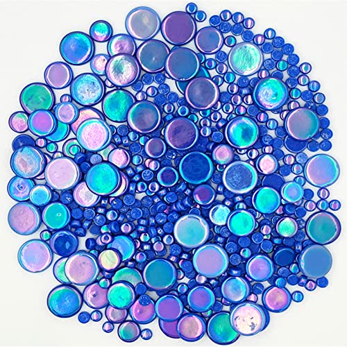 1.1lb Random Round Iridescent Glass Mosaic Tiles, Making Creative Iridescent Glass Mosaic Pieces for DIY Craft,Flowerpots, Vases, Cups, Garden Decor Mosaic Making Supplies… (Blue)