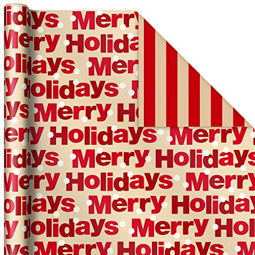 Hallmark Reversible Christmas Wrapping Paper (3 Rolls: 120 sq. ft. TTL) Merry Holidays, Snowflakes, Snowmen, Red Stripes