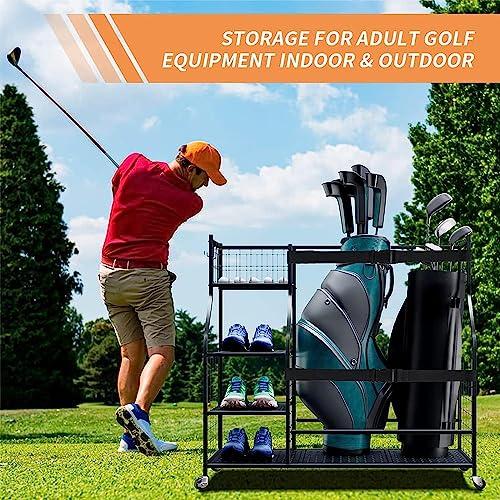 RHSTAO Golf Bags Storage Garage Organizer - Golf Bag Organizer Rack & 4 Removable Hooks, Extra Large Design Golf Bag Stand with Wheels, for Golf Clubs Accessories, Garage, Shed, Basement