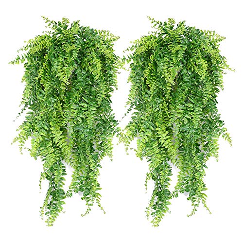 Artificial Plants Faux Hanging Plant Fake Boston Ferns Vines Plastic Artificial Hanging Plants for Homes Decoration (2 PCS)