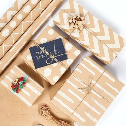 ZCOINS 4 Rolls of Kraft Wrapping Paper - 17" x 33 ft per Roll, Recyclable Gift DIY Wrapping Paper with Flax Strings and Tape for Kids Women Men Birthday Wedding Bridal Baby Showers Christmas Crafts Holidays