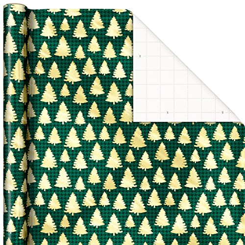 Hallmark Foil Christmas Wrapping Paper with Cut Lines on Reverse (3 Rolls: 60 sq. ft. TTL) Classic Santa Claus, Gold Merry Christmas, Green Plaid with Gold Trees