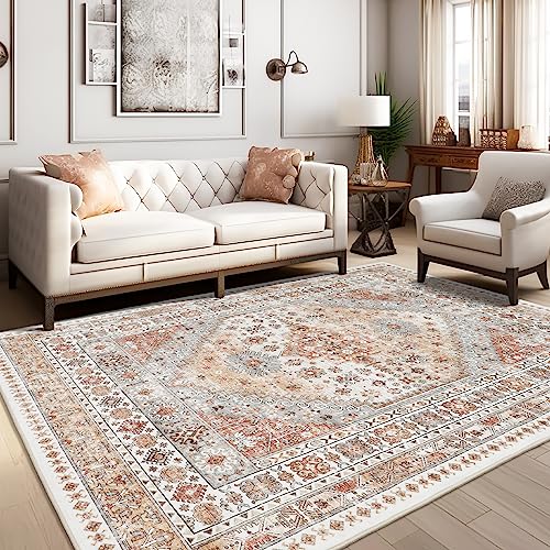 zesthome 8x10 Area Rugs for Living Room,Stain Resistant Non-Slip Backing Washable Rugs,Vintage Boho Persian Large Area Rug (Orange,8'x10')