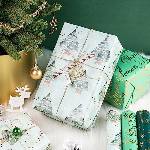 WRAPAHOLIC Christmas Wrapping Paper Roll - Mini Roll - 3 Rolls - 17 Inch X 120 Inch Per Roll - Green Christmas Tree, Snowflake Holiday Collection with Metallic Foil Shine