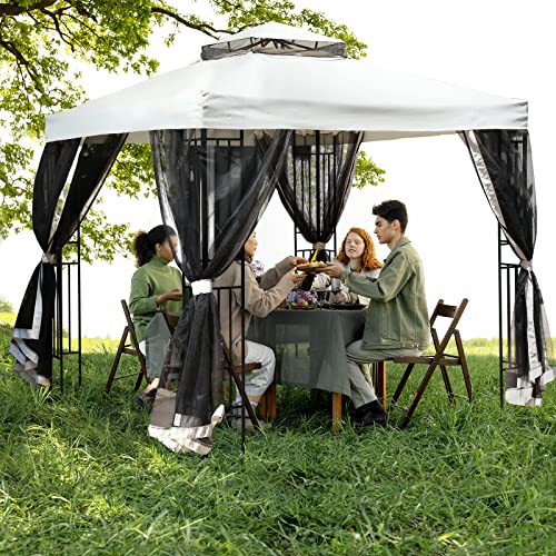Gazebo Canopy, 10x10 Outdoor Gazebo Backyard Canopy Tent with Mosquito Netting and Double Roof for Party, Wedding, BBQ and Event