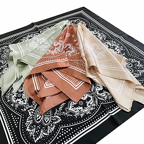 4pcs Silk Feeling Scarf Square Satin Head Scarf for Women Neck Hair Scarves Wraps Headscarf Hair Bandanas Night Sleeping Wrapping, 26.5×26.5 inches, Champagne, Sage, Black, Coral Brown, 26.5×26.5 inches