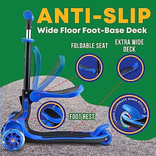 Kids Scooter – Foldable Seat – LED Wheel Lights Illuminate When Rolling – Children and Toddler 3 Wheel Kick Scooter – Adjustable Handlebar – Indoor and Outdoor- Blue - by Lifemaster