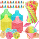 Eaasty 50 Sets Summer Snow Cone Cups and Spoon Straws with 50pcs Paper Umbrellas Kit, Small Leakproof Reusable Plastic Cups for Shaved Ice Snack Ice Cream Bowls for Holiday Party, 4 oz