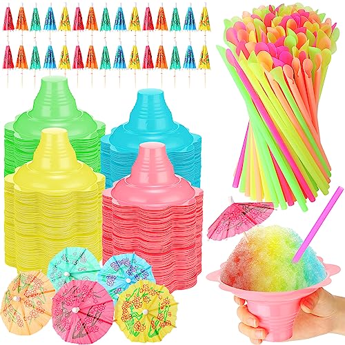 Eaasty 50 Sets Summer Snow Cone Cups and Spoon Straws with 50pcs Paper Umbrellas Kit, Small Leakproof Reusable Plastic Cups for Shaved Ice Snack Ice Cream Bowls for Holiday Party, 4 oz