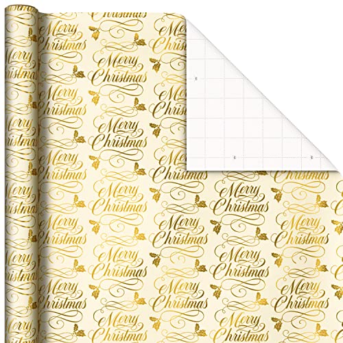 Hallmark Foil Christmas Wrapping Paper with Cut Lines on Reverse (3 Rolls: 60 sq. ft. TTL) Classic Santa Claus, Gold Merry Christmas, Green Plaid with Gold Trees