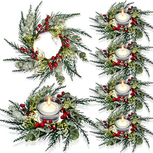 Christmas Candle Rings Wreaths Christmas Kitchen Cabinet Wreaths Red Berry Candle Ring Christmas Table Centerpiece Decor Hanging Rings Garlands for Pillars Christmas Window Chair Wall (4 Pcs)