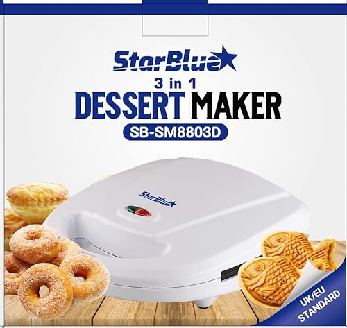 Mini Donuts Baker, Mini Cake and Quiche Baker, Taiyaki Baker - 3 in 1 Three Slices Removable Dessert Baker by StarBlue - White AC 220-240V 50/60Hz 700-800W, UK Plug with EU Adapter