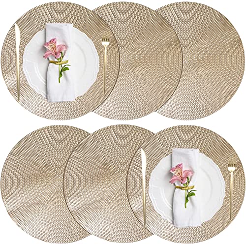 FYY Placemats, Round Placemats Set of 6 for Dining Table, Washable Round Anti-Skid Heat-Resistant PVC Table Mats Durable Stain Resistant Kitchen Table Mats, Set of 6 Gold