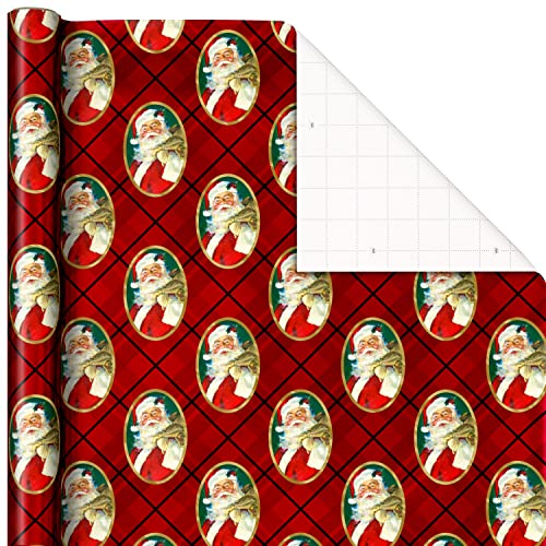 Hallmark Foil Christmas Wrapping Paper with Cut Lines on Reverse (3 Rolls: 60 sq. ft. TTL) Classic Santa Claus, Gold Merry Christmas, Green Plaid with Gold Trees