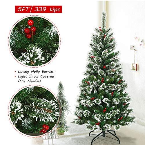 Costway Mixed Artificial Christmas Tree, Premium Pencil Look Slim Xmas Tree w/ Pre Decorated Holly Berries, Snow Flocked Pine Needles, Sturdy Metal Base, Hinged Construction, Easy Set-up, 100% New PVC Material for Christmas Home Décor, 1.5M (5FT(1.5M))