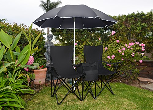 Trademark Innovations Double Folding Camp and Beach Chair with Removable Umbrella and Cooler, Black