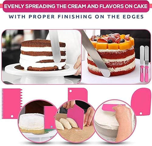 RFAQK 35PCs Cake Turntable and Leveler-Rotating Cake Stand with Non Slip pad-7 Icing Tips and 20 Bags- Straight & Offset Spatula-3 Sc Set -EBook -Baking Tools