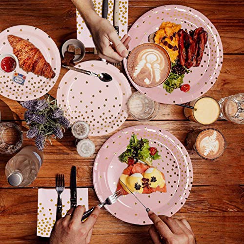 Pink Gold Party Plates Cups and Napkins,96Pcs Paper Plates and Napkins with Party Tableware,Disposable Plates for Girls Hen Party Decoration,Birthday Party,Baby Shower,Wedding,Bridal Shower,Tea Party