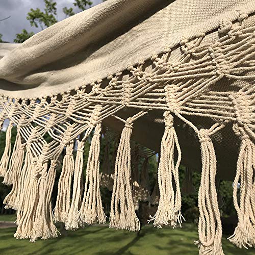 Macrame Cotton Camping Boho Hammock Woven Hanging Rope Chair Porch Swing with Crochet Fringe for Balcony Backyard Patio Garden Pool Outdoor and Indoor Natural White