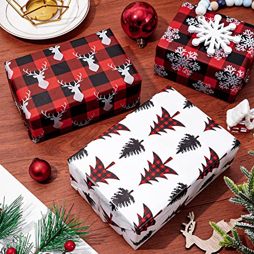 Whaline Christmas Tissue Paper Red Black Plaid Wrapping Paper Xmas Tree Snowflake Reindeer Gift Wrapping Tissue Paper Rustic Art Paper Crafts for DIY Xmas Winter New Year Party Decor, 100 Sheet