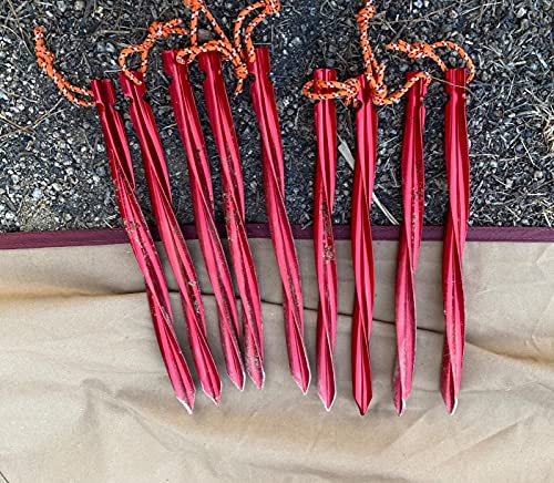 TRIWONDER 10 Pack Lightweight Heavy Duty Aluminum Tent Stakes Pegs (Red - Swirled Shape - 9.84 Inches)