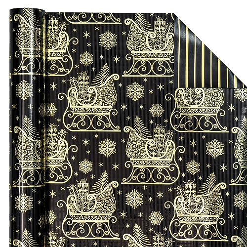 WRAPAHOLIC Reversible Christmas Wrapping Paper - Mini Roll - 17 Inch X 33 Feet - Black and Gold Sleigh Stripe with Metallic Foil for Chrsitmas, Holiday, Party Celebration Black & Gold - Seigh