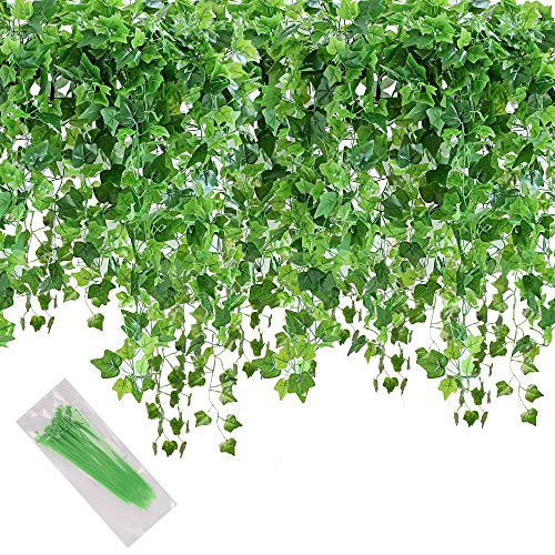 84 Ft 12 Pack Artificial Ivy Leaf, MerryNine Hanging Vines Fake Ivy Leaves Plants Fake Foliage Flowers Fake Greenery Decor for Home Kitchen Garden Office Wedding Wall Party Decoration(Ivy Leaf)