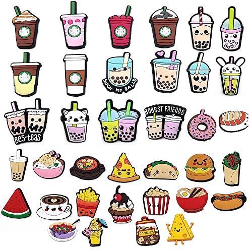 36 Pcs food+Boba tea pattern Shoes Charms Decoration Fits Compatible with Crocs Shoes & Wristband Bracelet Decoration DIY Alloy Party Christmas Halloween Party Gifts for Boy and Girl