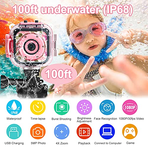 PROGRACE Children Kids Camera Waterproof Digital Video HD Action Camera 1080P Sports Camera Camcorder DV for Girls Birthday Learn Camera Toy 1.77'' LCD Screen (Pink)