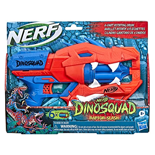 Nerf DinoSquad Raptor-Slash Dart Blaster, 6-Dart Rotating Drum, Slam Fire Action, 6 Official Nerf Elite Darts, Velociraptor Dinosaur Design