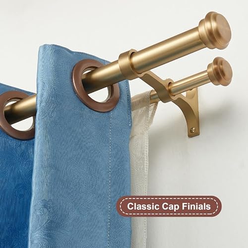 Warm Gold Double Curtain Rods for Windows 72-144", Double Drapery Rods with End Cap Finials, Adjustable 1-Inch Front and 5/8 Inch Back Double Rod Curtain Rods, Telescoping Double Window Rods Warm Gold