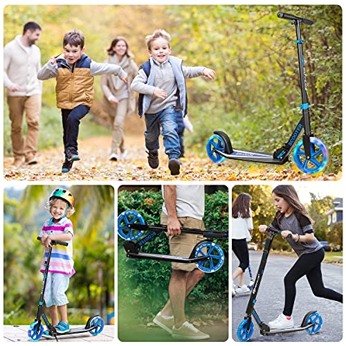 HONEY JOY Folding Kick Scooter for Kids 10 Years and up, with 2 Flashing Wheels, 3-Level Adjustable Handlebar, Rear Foot Brake, Aluminum Deck, Outdoor Sports Scooter for Boys & Girls (Blue)