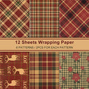 Whaline Christmas Plaid Wrapping Paper 6 Design Vintage Wrapping Paper Retro Red Green Reindeer Flower Patterned Art Paper for Birthday New Year Winter Gift Packing, 12 Sheet, 27.6 x 19.7"